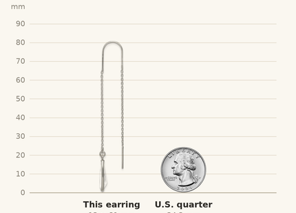 Classique True Size: Sterling Silver Polished Crystal Teardrop Threader Earrings shown next to a US quarter (24.3 mm)