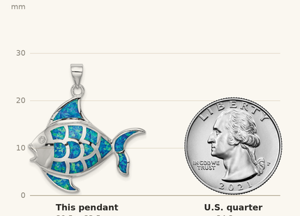 Classique True Size: Sterling Silver Rhodium-plated Polished Created Blue Opal Fish Pendant shown next to a US quarter (24.3 mm)