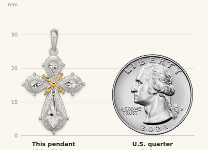 Classique True Size: De-Ani Sterling Silver Rhodium-Plated Polished Filigree Cross with 14k Accent Pendant shown next to a US quarter (24.3 mm)