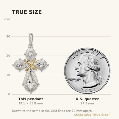 De-Ani Sterling Silver Rhodium-Plated Polished Filigree Cross with 14K Accent Pendant