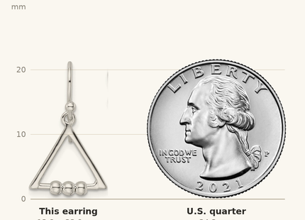 Classique True Size: Sterling Silver Polished Beaded Triangle Dangle Earrings shown next to a US quarter (24.3 mm)