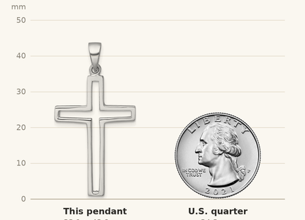 Classique True Size: Sterling Silver Rhodium-plated Polished Cut-out Latin Cross Pendant shown next to a US quarter (24.3 mm)