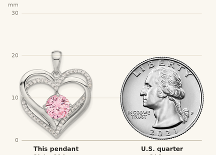 Classique True Size: Sterling Silver Rhodium-plated Pink and White CZ Double Heart Pendant shown next to a US quarter (24.3 mm)