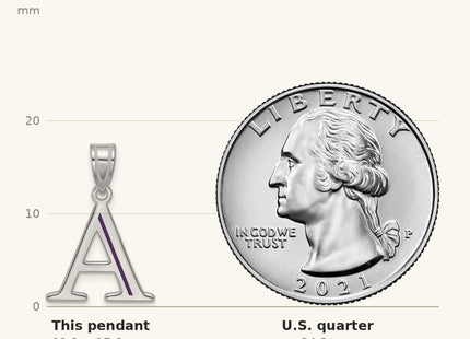 True size: 10k White Gold Line Epoxy Initial Pendant shown next to a US quarter (24.3 mm)