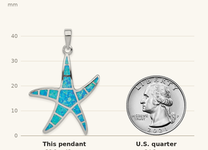 Classique True Size: Sterling Silver Rhodium-plated Blue Inlay Created Opal Starfish Pendant shown next to a US quarter (24.3 mm)