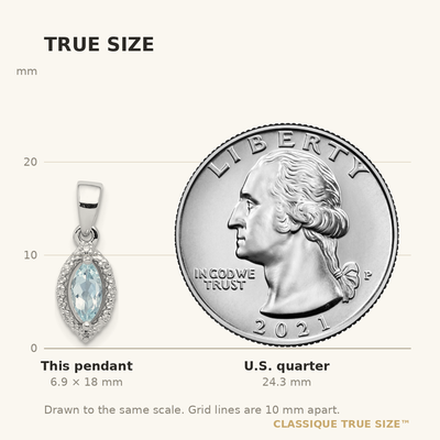 Sterling Silver Rhodium-plated Diamond and Aquamarine Pendant, 18 x 8mm