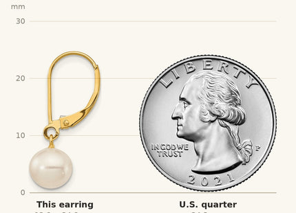 True size: 14k 7- White Round Freshwater Cultured Pearl Dangle Leverback Earrings shown next to a US quarter (24.3 mm)