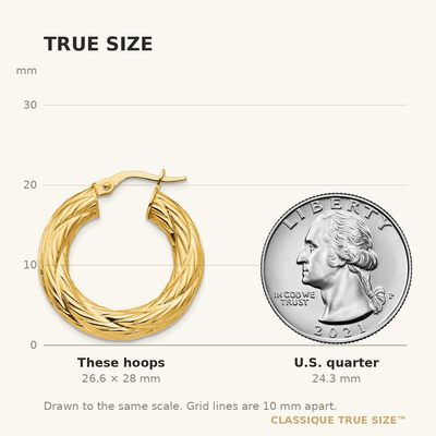 14K Textured Tube Hoop Earrings, 28 x 4.5mm