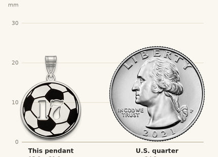 True size: 10k White Gold Epoxy Soccer Ball with Cut-out Number Pendant shown next to a US quarter (24.3 mm)