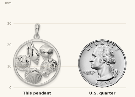 Classique True Size: De-Ani Sterling Silver Rhodium-plated Polished Shells Round Pendant shown next to a US quarter (24.3 mm)
