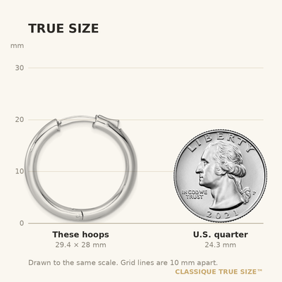 Sterling Silver Rhodium-plated Polished with Safety Lock Round Hinged Hoop Earrings, 28 x 3mm