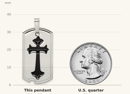 Classique True Size: Sterling Silver Platinum-plated Polished Black Epoxy Cross Dog Tag Pendant shown next to a US quarter (24.3 mm)