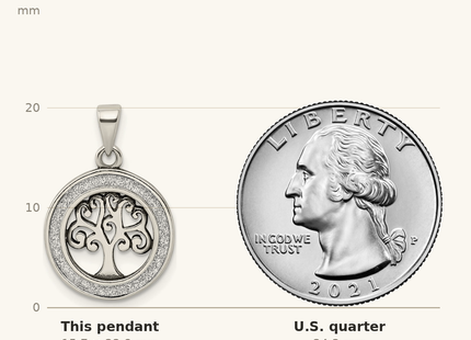 Classique True Size: Sterling Silver Antiqued Enamel Glitter Enamel Tree in Circle Pendant shown next to a US quarter (24.3 mm)