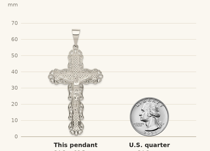 Classique True Size: Sterling Silver Polished & Textured Large Floral Cross w/Jesus Pendant shown next to a US quarter (24.3 mm)