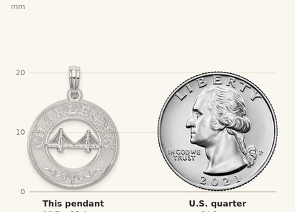 Classique True Size: De-Ani Sterling Silver Rhodium-Plated Textured Charleston with Bridge Pendant shown next to a US quarter (24.3 mm)