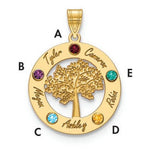 14K Yellow Gold Family Tree in Circle 5 Names and Birthstones w/ 14K Bezel Pendant view