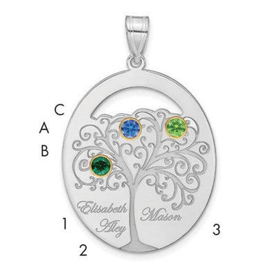 Sterling Silver/Rhod-plated 3 Birthstone with 14K Bezel Family Pendant, 34 x 25mm