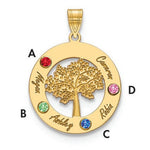 14K Yellow Gold Family Tree in Circle 4 Names and Birthstones w/ 14K Bezel Pendant view