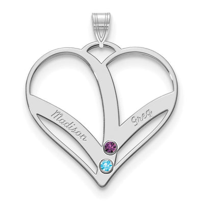 14K White Gold 2-Name w/Birthstones w/18K Rhod-plated Bezel Cut Out Heart Pendant