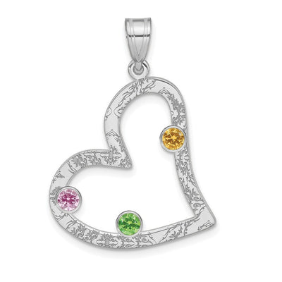 SS/Rhodium-plated 3 Birthstone Heart with SS Bezel Family Pendant