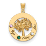 14K Yellow Gold Family Tree in Circle 3 Names and Birthstones w/ 14K Bezel Pendant view
