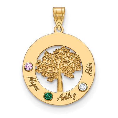 14K Yellow Gold Family Tree in Circle 3 Names and Birthstones w/ 14K Bezel Pendant