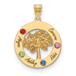 14K Yellow Gold Family Tree in Circle 4 Names and Birthstones w/ 14K Bezel Pendant view