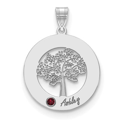 14K White Gold Family Tree Circle 1 Names & Birthstones w/ 18K Rhodium Plated Bezel