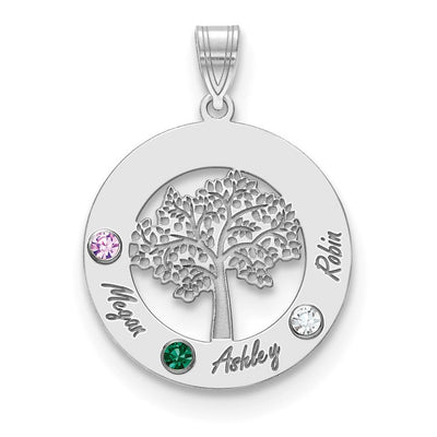 14K White Gold Family Tree Circle 3 Names & Birthstones w/ 18K Rhodium Plated Bezels