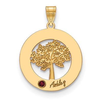 14K Yellow Gold Family Tree in Circle 1 Name and Birthstone w/ 14K Bezel Pendant