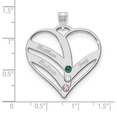 14K White Gold 3-Name w/Birthstones w/18K Rhod-plated Bezel Cut Out Heart Pendant