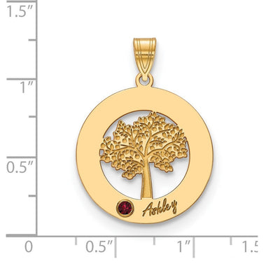 14K Yellow Gold Family Tree in Circle 1 Name and Birthstone w/ 14K Bezel Pendant