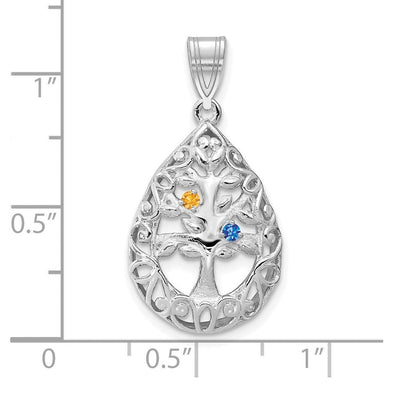 14K White Gold 2 Birthstone Tree of Life Tear Drop Pendant