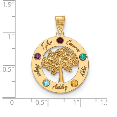 14K Yellow Gold Family Tree in Circle 5 Names and Birthstones w/ 14K Bezel Pendant