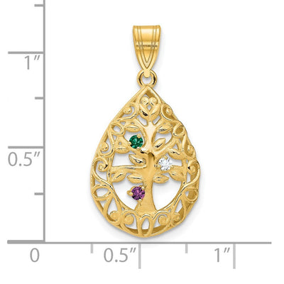 14K Yellow Gold 3 Birthstone Tree of Life Tear Drop Pendant