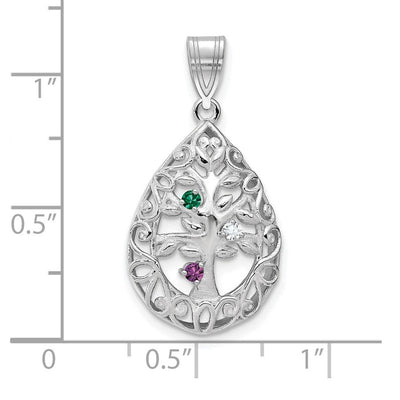 14K White Gold 3 Birthstone Tree of Life Tear Drop Pendant