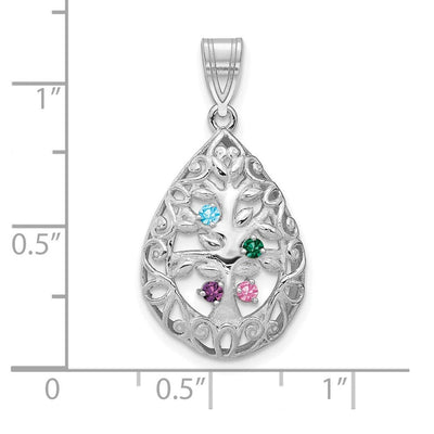 14K White Gold 4 Birthstone Tree of Life Tear Drop Pendant