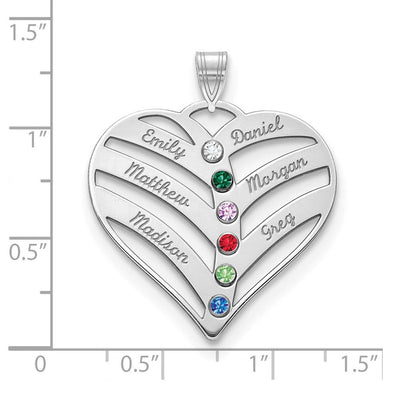 14K White Gold 6-Name w/Birthstones w/18K Rhod-plated Bezel Cut Out Heart Pendant