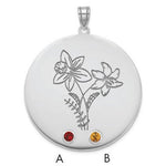 14K White Gold Circle w/2 Birth Flower and Birthstone Pendant view