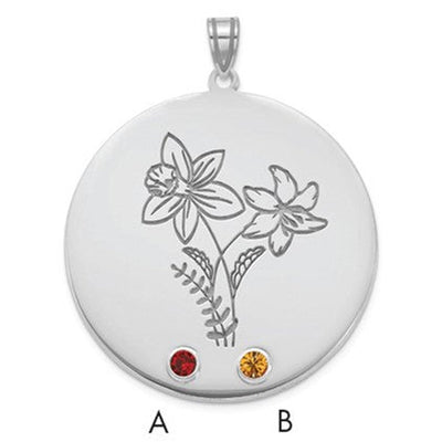 14K White Gold Circle w/2 Birth Flower and Birthstone Pendant