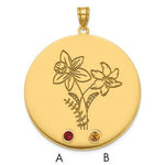 14K Yellow Gold Circle w/2 Birth Flower and Birthstone Pendant view
