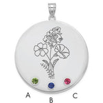 14K White Gold Circle w/3 Birth Flower and Birthstone Pendant view