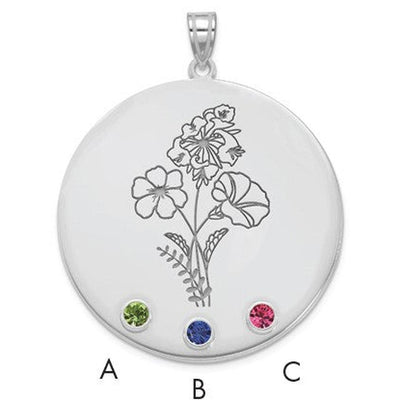 14K White Gold Circle w/3 Birth Flower and Birthstone Pendant