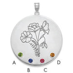 14K White Gold Circle w/4 Birth Flower and Birthstone Pendant view