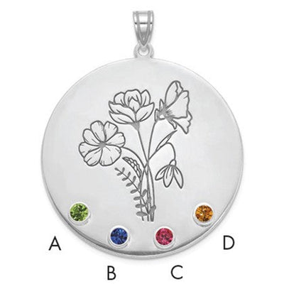 14K White Gold Circle w/4 Birth Flower and Birthstone Pendant