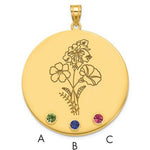 14K Yellow Gold Circle w/3 Birth Flower and Birthstone Pendant view