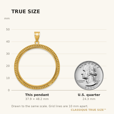 Wideband Distinguished Coin Jewelry 14K Polished Beaded and Diamond-cut Prong Coin Bezel Pendant, 48.25 x 38.55mm