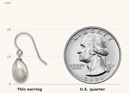 Classique True Size: Sterling Silver Rhodium-plated Grey 8- Rice Freshwater Cultured Pearl Dangle Earrings shown next to a US quarter (24.3 mm)