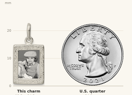 Classique True Size: Sterling Silver Picture Frame Charm shown next to a US quarter (24.3 mm)