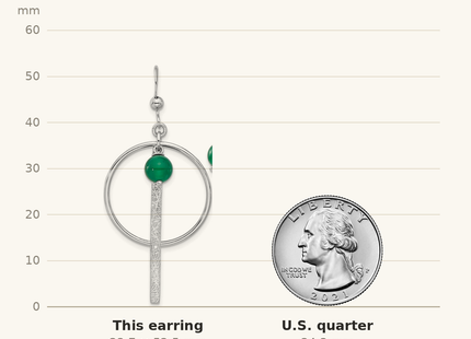 Classique True Size: Sterling Silver Rhodium-plated Circle/Bar Green Onyx Dangle Earrings shown next to a US quarter (24.3 mm)